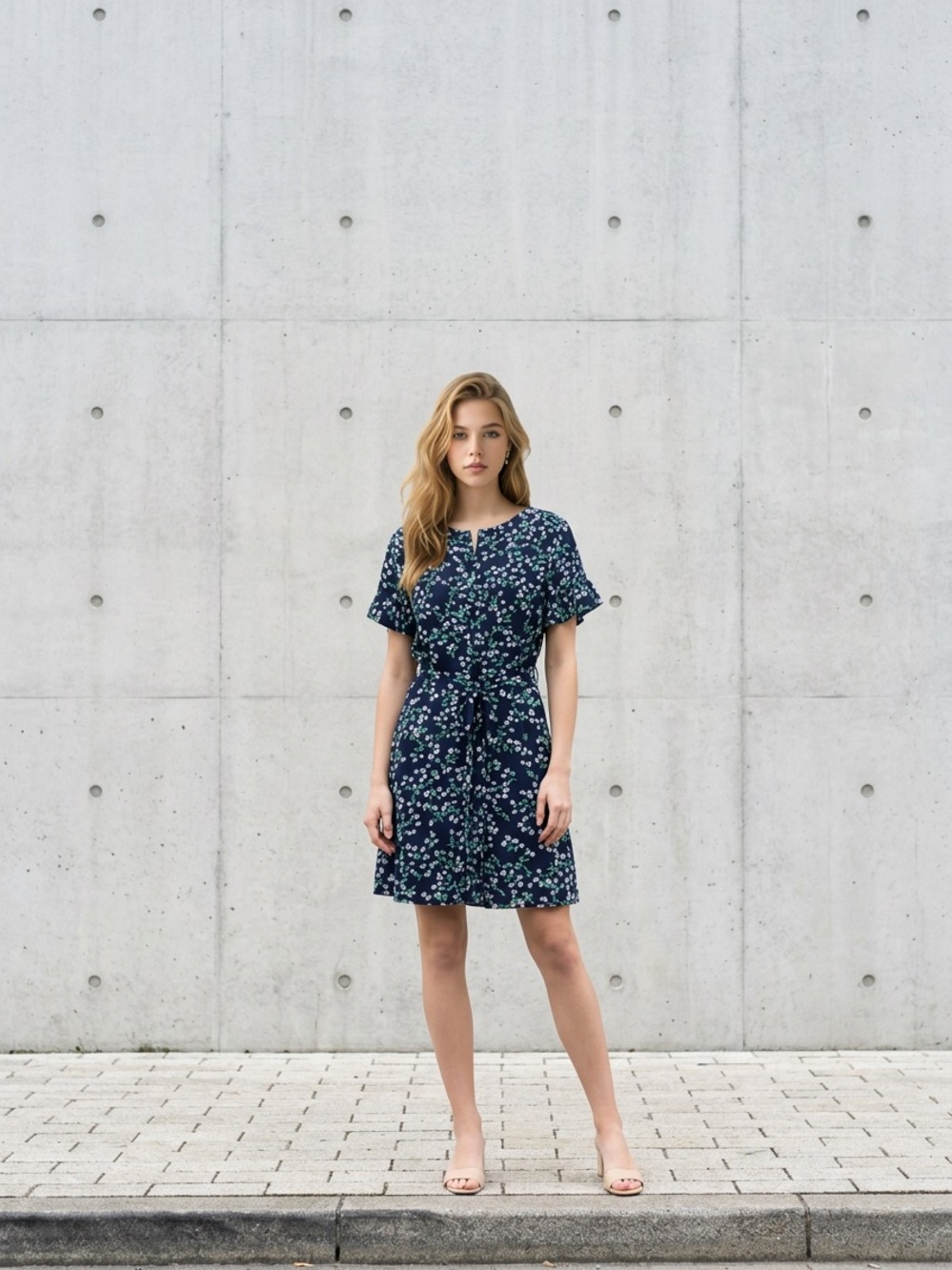 LOFT Navy Floral Tie-Waist Mini Dress